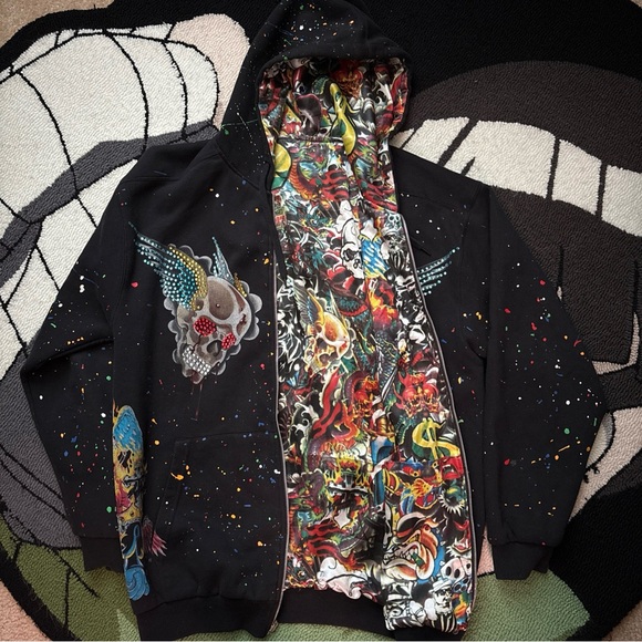 Y2K Gama Skull Jack Hoodie Christian Audigier Affliction Style Reversible Sz XL - Picture 1 of 8